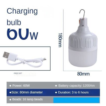60W LED Outdoor Light Bulb with Hanging Rechargeable BBQ Camping Emergency Lamp