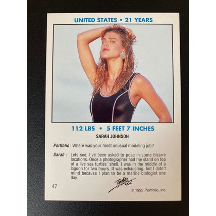 Portfolio '92 International Swimsuit Base trading card # 47 Sarah Johnson (A)