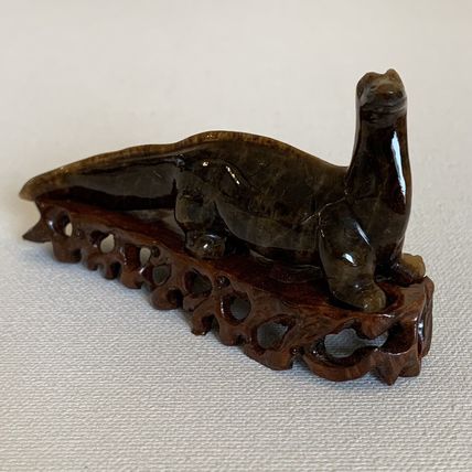 Vintage Chinese Carved Tiger's Eye Dinosaur Figurine Gemstone Brontosaurus 4.6"
