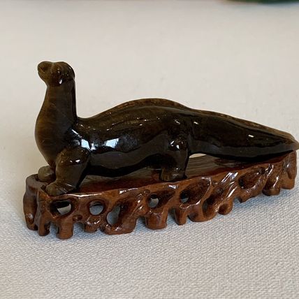 Vintage Chinese Carved Tiger's Eye Dinosaur Figurine Gemstone Brontosaurus 4.6"