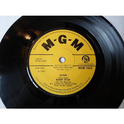 7" 1968 .BARRY RYAN .ELOISE . MGM 1442. LOVE I ALMOST FOUND YOU. VERY GOOD+