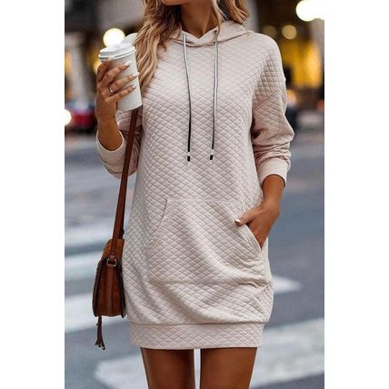 Parchment Drawstring Kangaroo Pocket Quilted Hooded Dress
