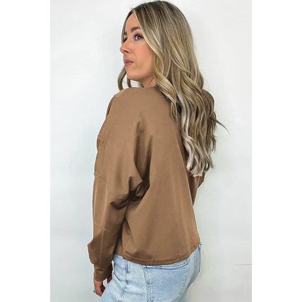Coffee Solid Exposed Seam Pullover Sweatshirt
