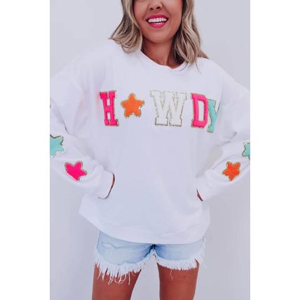 White Glitter Howdy Patch Graphic Casual Sweatshirt