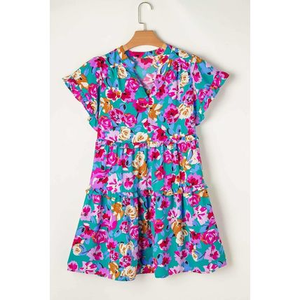 Green Rose Floral Print Ruffled Short Dress