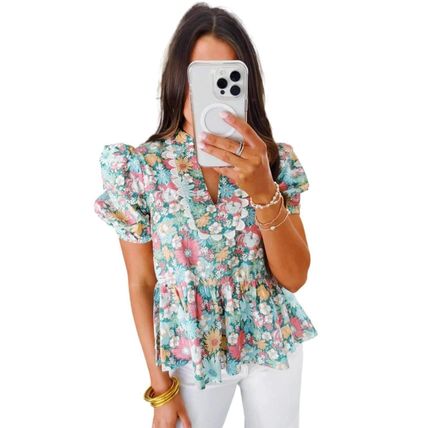 Multicolour Notched Neck Puff Short Sleeve Floral Blouse