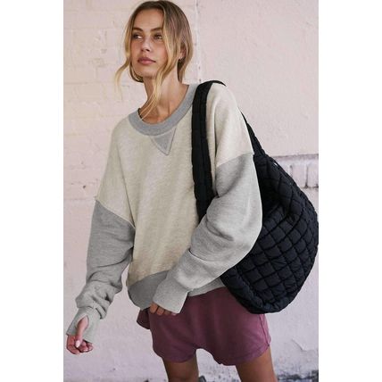 Light Grey Color Block Thumbhole Sleeve Drop Shoulder Sweatshirt