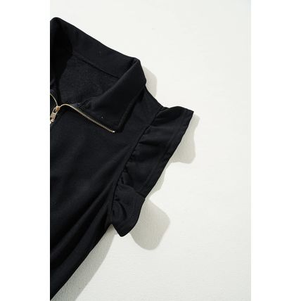 Black Zipper Flutter Sleeve Drawstring High Waist Jumpsuit