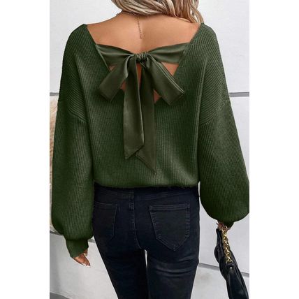 Jungle Green Lantern Sleeve V Neck Knot Back Sweater
