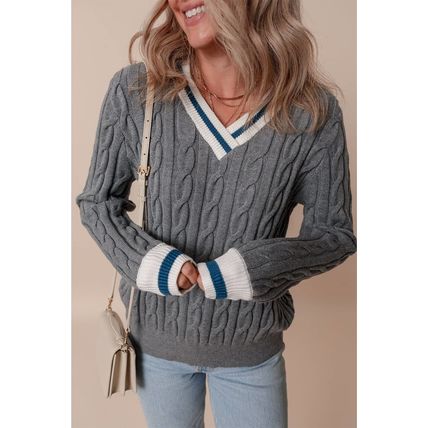Medium Grey Color Contrast Ribbed Edge Cable Knit V Neck Sweater