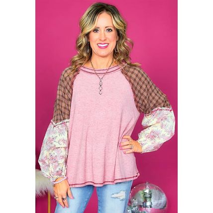 Pink Checkered Paisley Patchwork Raglan Sleeve Seamed Plus Size Top