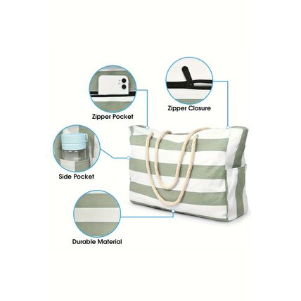 Smoke Green Striped Waterproof Canvas Large Capacity Tote Bag