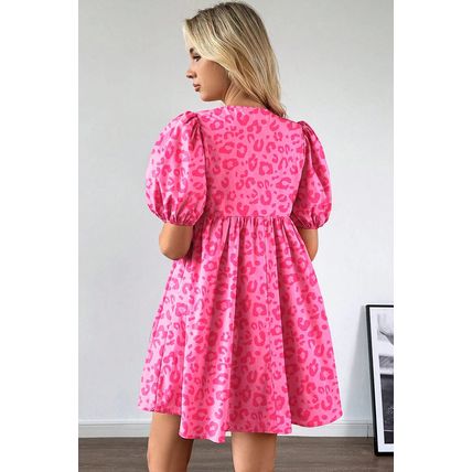 Rose Leopard Puff Sleeve Tie Front High Waist Mini Dress
