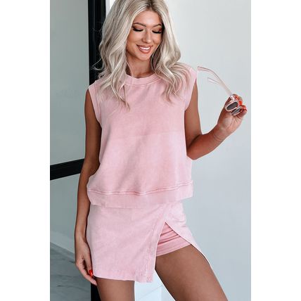 Light Pink 2 Pieces Mineral Wash Cotton Tank Top Lined Split Skirt Set