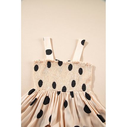 Oatmeal Polka Dot Smocked Fit Flared Sleeveless Long Dress