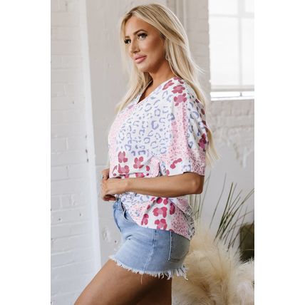 Pink Mixed Leopard Print V Neck Short Sleeve Blouse