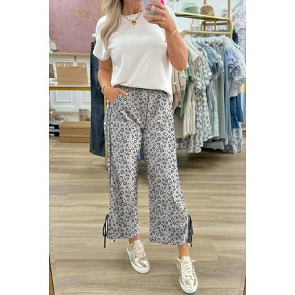 Gray Leopard High Waist Side Bow Straight Leg