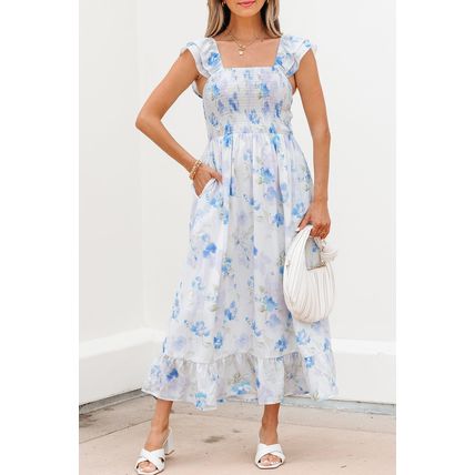Sky Blue Floral Smocked High Waist Double Ruffle Sleeveless Long Dress