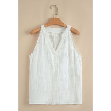 White Textured Lace Trim Pure Cotton Sleeveless Top