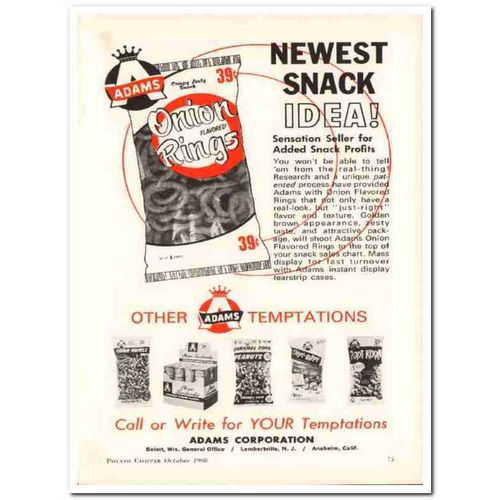 adams corp 1968 onion flavored rings newest snack food vintage ad