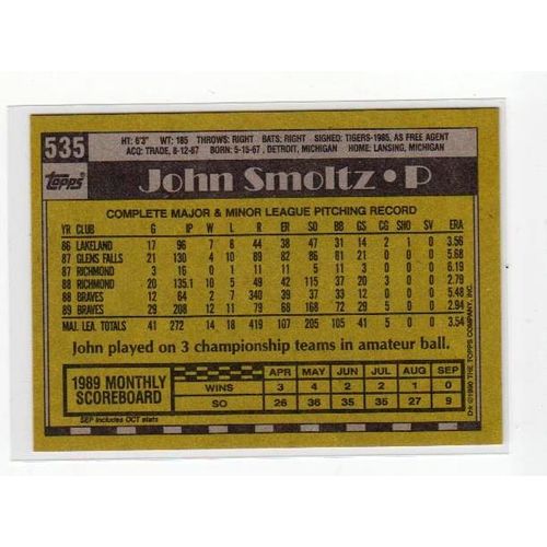 1990 Topps John Smoltz baseball card #535 – HOF - Braves