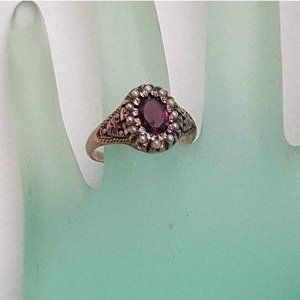 Victorian Enameled 12K Gold Genuine Amethyst & Genuine Seed Pearls Ring, 1880s