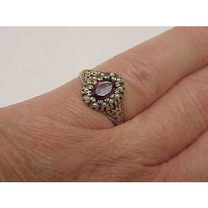 Victorian Enameled 12K Gold Genuine Amethyst & Genuine Seed Pearls Ring, 1880s