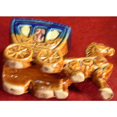 Small Blue Brown Pottery Horse & Carriage Toothpick Holder Switzerland Souvenir