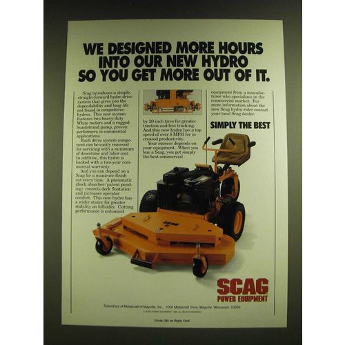 1990 Scag Hydro drive mower Ad - We designed more hours into our new hydro