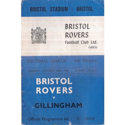 BRISTOL ROVERS v GILLINGHAM , football programme 18th October, 1966 =