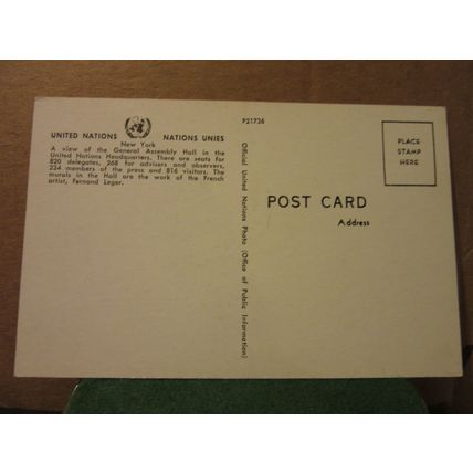 ASSEMBLY HALL, UNITED NATIONS, NEW YORK CITY, USA unused postcard =