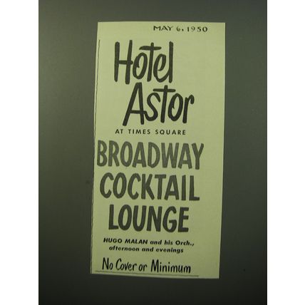 1950 Hotel Astor Advertisement - Times Square Broadway Cocktail Lounge