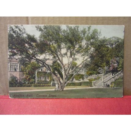 THE TERRACE STEPS, HADDON HALL, Derbyshire unused antique postcard dated 1919 =