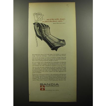 1956 Sandia Corporation Ad - Out of this nettle, danger, we pluck this flower