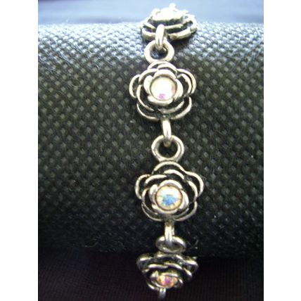 Vintage signed PD Bracelet Rose Flower Chain Link Aurora Borealis Crystal Stones