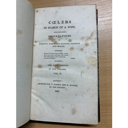 ANTIQUE 1809 HANNAH MORE "COELEBS IN SEARCH OF A WIFE" VOLS 1 & 2 BOOKS (P6) AA