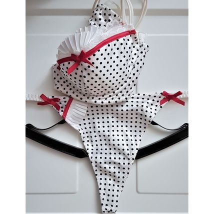 Polka Dot Satin Underwired Bra White Black Red Set 34C Small