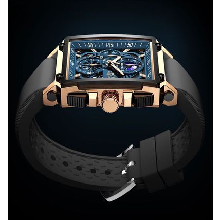 Gents Large Luxury Blue Square Chronograph Date Black Silicone Strap Watch Boxed