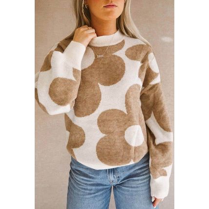 Khaki Big Flower Pattern Drop Shoulder Sweater
