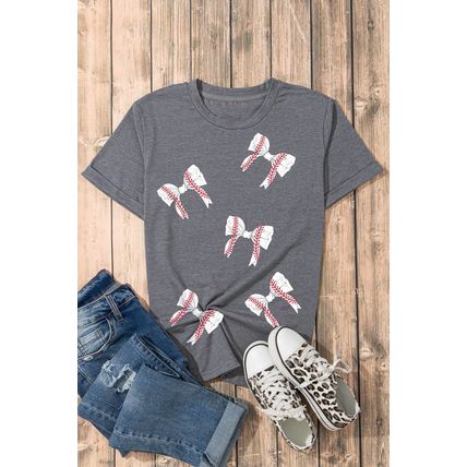 Gray Rugby Bow Knot Print Crewneck Casual T Shirt
