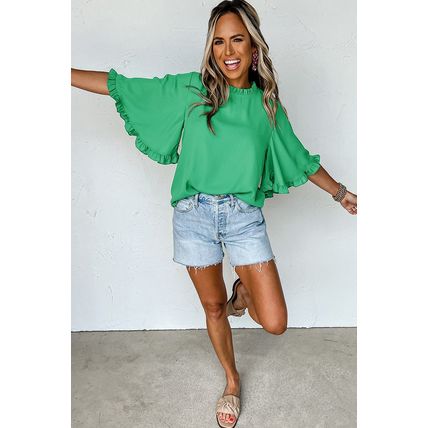Green Frilly Round Neck Wide Half Sleeve Blouse