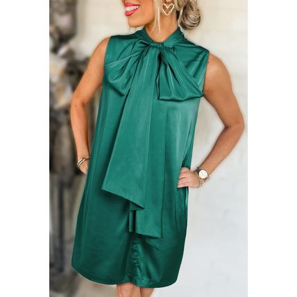Evergreen Bow Tie Satin Shift Sleeveless Mini Dress