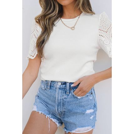 White Eyelet Pattern Short Sleeve Patchwork Ribbed Top
