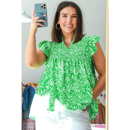 Green Floral Flutter Sleeve Shirred Notched Neck Plus Size Blouse