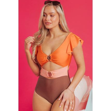 Orange Ruffle Sleeve Tricolor Cutout Front Ring One Piece Swimsuit