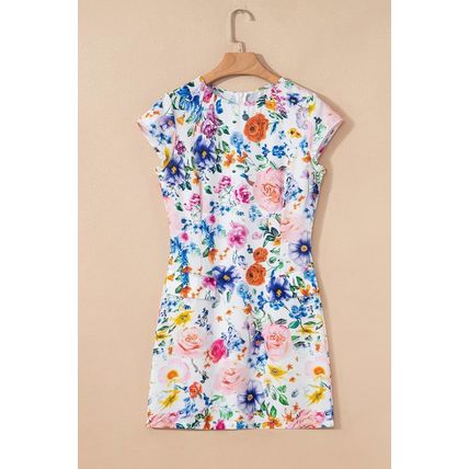 Sky Blue Vibrant Floral Print Cap Sleeve Mini Dress