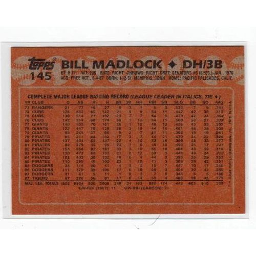 1988 Topps Bill Madlock baseball card #145 – Tigers