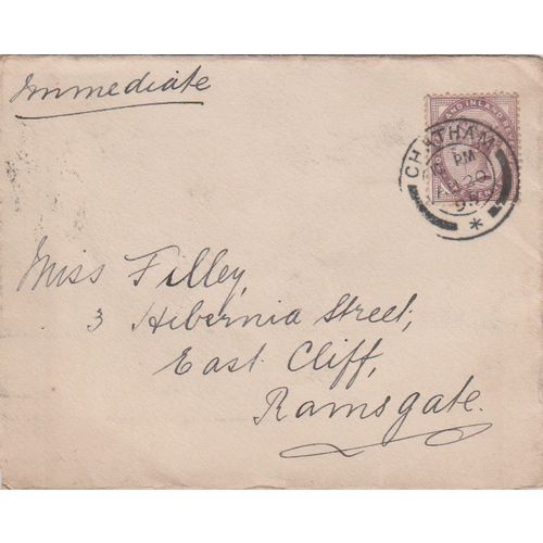 GB 1895 cover Chatham to Ramsgate with nice 1d Lilac stamp see others