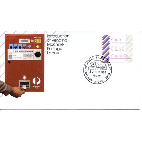 AUSTRALIA 1984 FDC FRAMA Vending Machine Labels Full Set of 7 x 30c Barred Edge