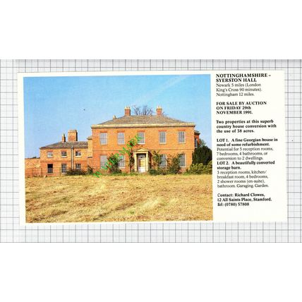 Syerston Hall Nottinghamshire House Sale Advert - 1991 Cutting